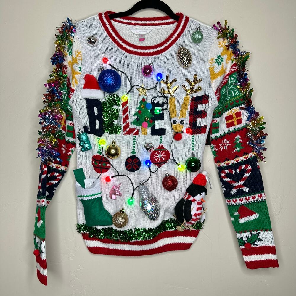 Ugly Christmas Sweater Believe LIGHTS UP Tinsel Xmas Party Winner Size Small